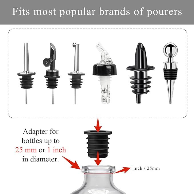 48-Pack Liquor Bottle Pourers with Adapters, Liquor Pour Spout Adapters set for for Large Olive Oil Bottles and Liquor Bottles - Up to 1 Inch/25mm Neck Converts Spout into a Large Pour Spout,Sliver