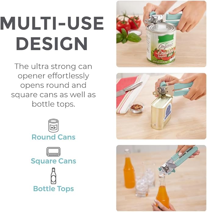 Kitchen Genie Heavy Duty Stainless Steel Manual Can Opener, Strong Blade for Smooth Edge Cuts, Open Cans Easily, Slip-Resistant Ergonomic Handle, Easy Turn Knob, Bottle Openers Included, Mint