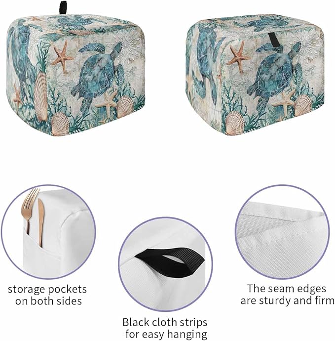 Teal Sea Turtle Toaster Cover 2 Slice, Coastal Coral Ocean Dustproof Bakeware Oven Protector with Top Hook, Nautical Vintage Waterproof Small Kitchen Appliance Toasters Dust Cover, 12"x7.5"x8"