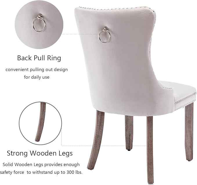 Beige Velvet Dining Chairs Set of 2, Upholstered Dining Room Chairs with Back Ring Pull Trim and Solid Wood Legs, Tufted Wingback Kitchen Chairs for Dining Room,Living Room,Kitchen(Beige)