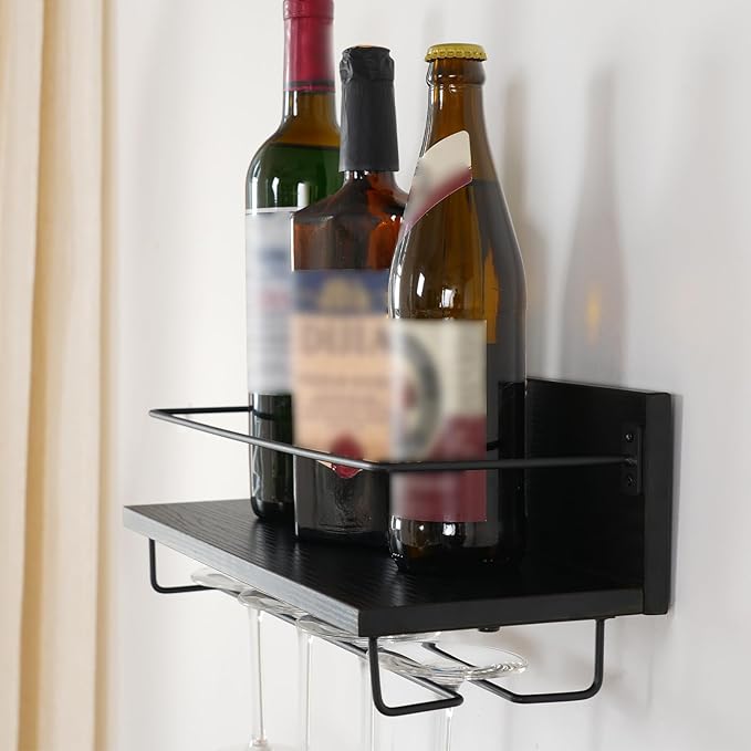 HOOBRO Wall Mounted Wine Rack 2 Pack, Wine Shelf Hanging Floating Wall Shelves, Wine Glass Bottle Rack Stemware Holder, for Living Room, Dining Room, Kitchen, Black BK28BJ01