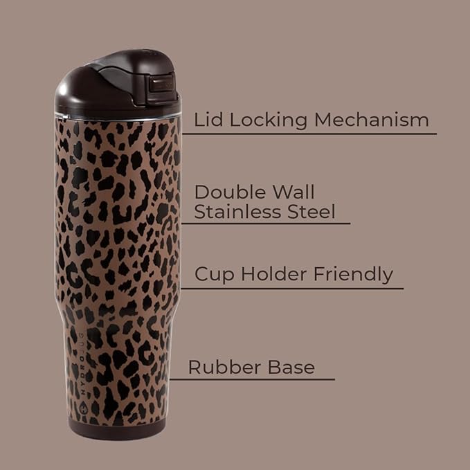 HydroJug Ease2o Water Bottle with Straw & Chug Lid, Stainless Steel, Vented Cap to Help Reduce Pressure, Water-Level Window, Cup Holder Friendly, Non-Slip Base – 40oz, Brown Leopard