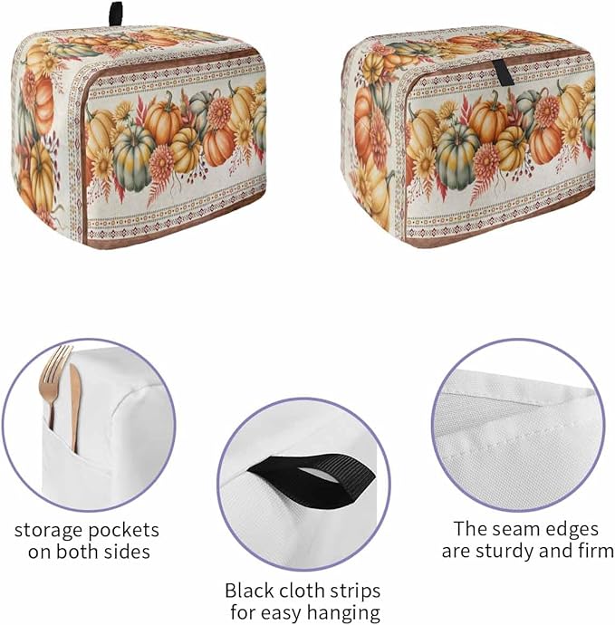 Orange Pumpkins Fall Toaster Cover 2 Slice, Thanksgiving Southwestern Floral Dustproof Bakeware Oven Protector with Top Hook, Autumn Waterproof Small Kitchen Appliance Toasters Dust Cover, 11"x6"x8"