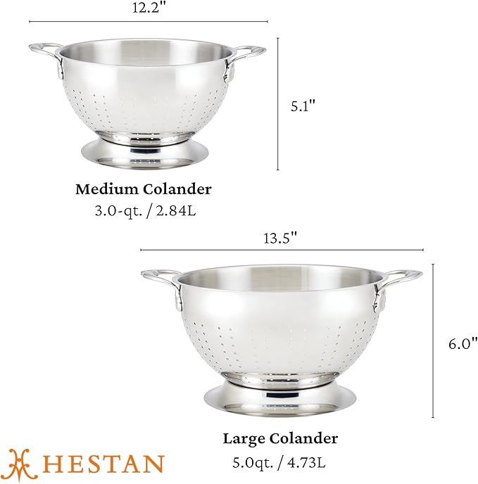 Hestan Provisions – 2-Piece Stainless Steel Colander Set – 3 & 5 Quart, Nesting Design