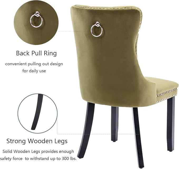 Velvet Dining Chairs Set of 6, Upholstered Dining Room Chairs with Back Ring Pull Trim and Solid Wood Legs,Tufted Wingback Kitchen Chairs for Dining Room,Living Room,Kitchen(Olive Green)