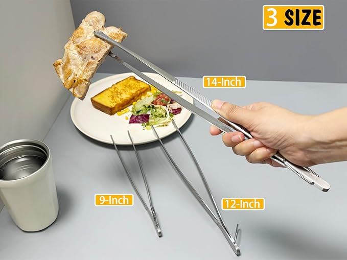 JETKONG 3 Pcs Serving Tweezer Tongs 9-Inch Cooking Tweezers Kitchen Tweezers (9 9 9 Inch, Silver)