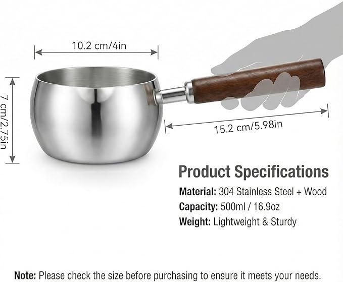 17oz Stainless Steel Sauce Pot with Heat Resistant Wooden Handle, Butter Warmer Milk and Coffee Warmer, Chocolate Melting Pot, Mini Sauce Pan for Coffee
