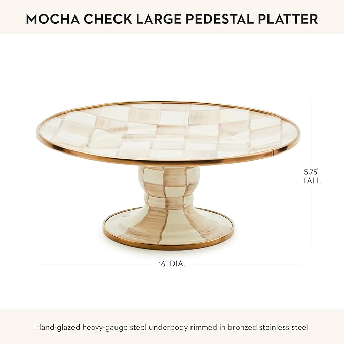 MACKENZIE-CHILDS Enamel Pedestal Platter, Round Cake Stand, Large, Brown-and-White Mocha Check