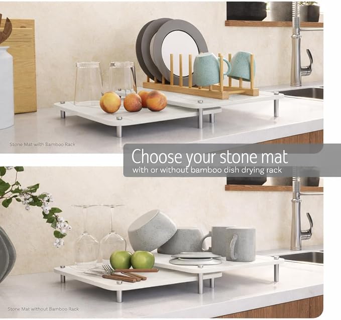 Large Stone Drying Mat for Kitchen Counter | 15.8” x 11.8” Dish Drying Mat Large | Diatomaceous Earth Collapsible Stone Dish Drying Mat | Collapsible Stone Mat for Kitchen Counter (White)