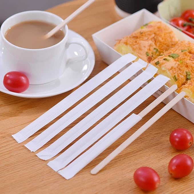 MFJUNS 1000pcs Individually Wrapped Coffee Stirrers Wood - 5.5" Coffee Stir Sticks, Round End Disposable coffee stirrer, For Coffee, Cocktail and Hot Drinks