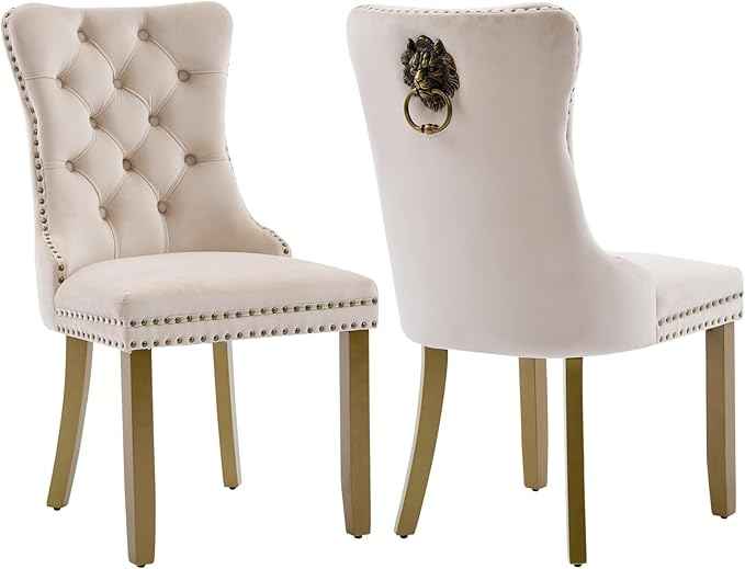 Velvet Dining Chairs Set of 2, Modern Tufted Dining Room Chair, Upholstered Dining Chairs with Lion Head Pulls Ring and Golden Solid Wood Legs, Luxury Kitchen Chairs for Dining Room, Beige