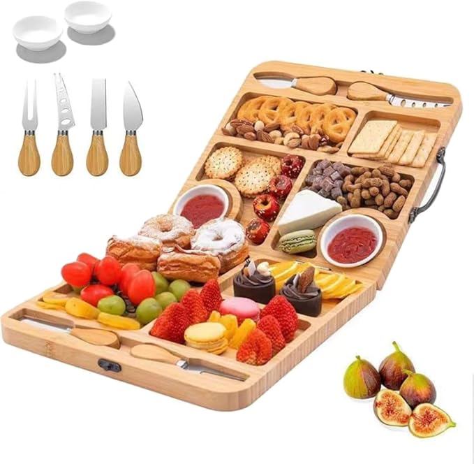 OUTMX Bamboo Cheese & Charcuterie Board Set, Large Foldable Cutting Board with Knife, Snack and Fruit Platter for Cheese, Bread, Butter – Perfect Wedding, Bridal Shower & Party Gift