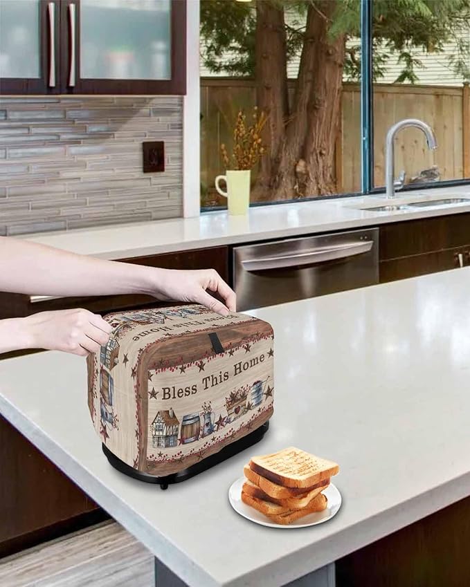 Country Star Toaster Cover 2 Slice, Small Kitchen Appliance Cover, Farmhouse Beige Brown Wood Rustic Barn Toaster Oven With Loop, Bread Machine Polyester Dust Protection