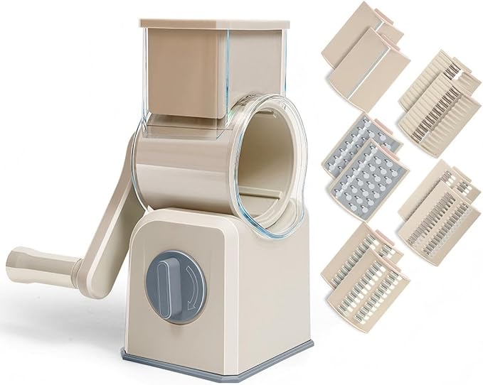 Rotary Cheese Grater with Hand Crank, Multi-Purpose Shredder Slicer with 5 Interchangeable Stainless Steel Blades for Shredding, Slicing, and Grating Cheese, Vegetables, and Fruit (Beige)