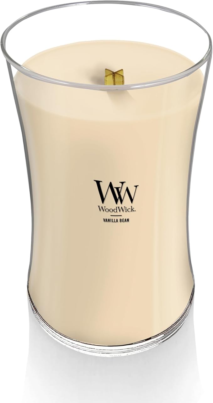 WoodWick Vanilla Bean Holiday Candle Gifts for Women and Men, 21.5 oz Large Hourglass Candle with Crackling Wick