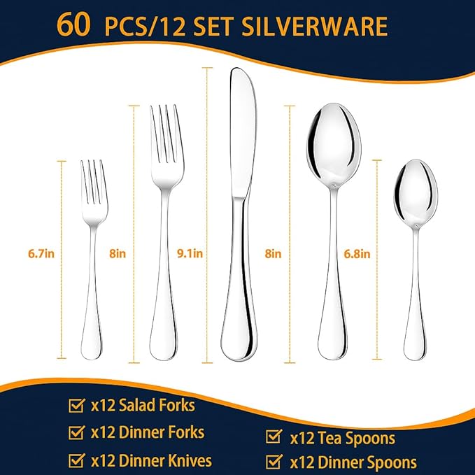 NICE KITCHEN 60 Piece Silverware Set for 12, Premium Stainless Steel Flatware Set, Eating Utensil Sets with Steak knives, Cutlery Tableware Service Include Fork Knife Spoon Set, Mirror Polished