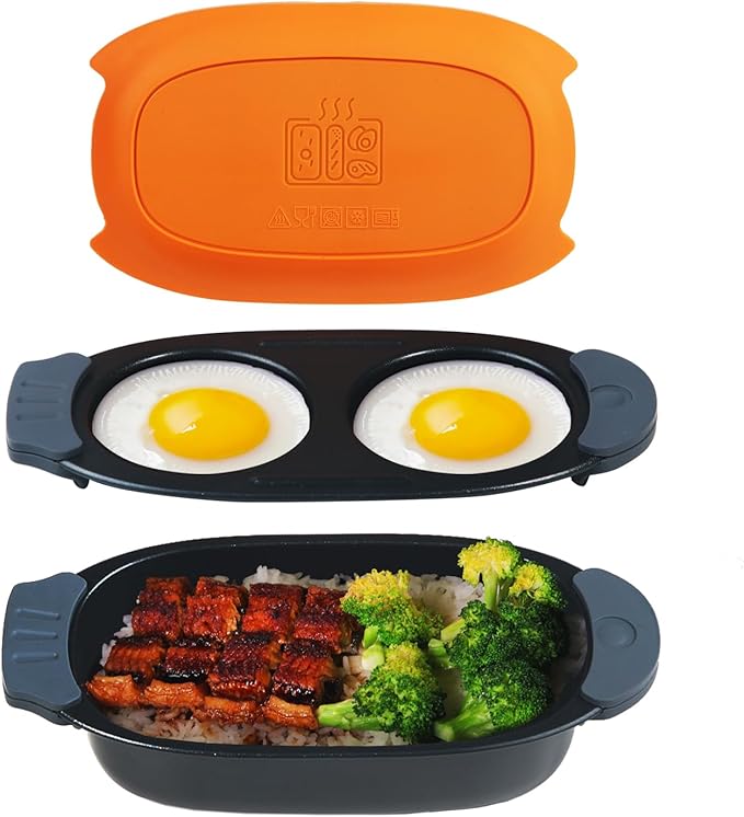 MKYSAIL Quick-Heat Microwave Egg Cooker and 33 OZ Microwave Grill Combo | 2-Piece Breakfast Maker Set for Grilling, Frying, Crisping Meat, Bacon, Pancakes & Veggies | Dishwasher Safe & Non-Stick for Kitchen RV, Dorm, Office(Orange)