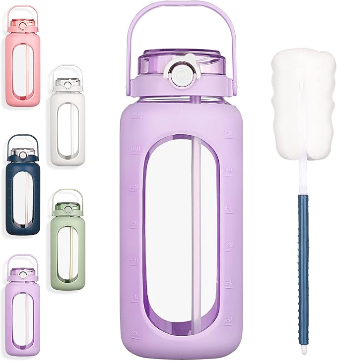 BLUEGO 64oz Glass Water Bottles with Straw Time Marker Half Gallon Large Motivational Water Bottle with Silicone Sleeve 2 Liter Large Glass Water Jug for Gym, Sports& Workout, Daily, Purple