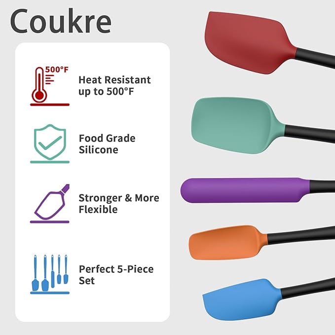 Coukre Silicone Spatula Set of 5,High Temperature Resistant, Food Grade Silicone, Dishwasher Safe, for Baking, Cooking (Colorful B Black)