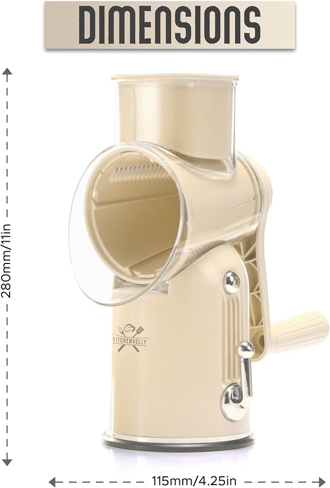 5-in-1 Rotary Cheese Grater with Hand Crank – Multi-Functional Vegetable Slicer, Nut & Cheese Shredder – Easy to Clean Food Grater (Beige)