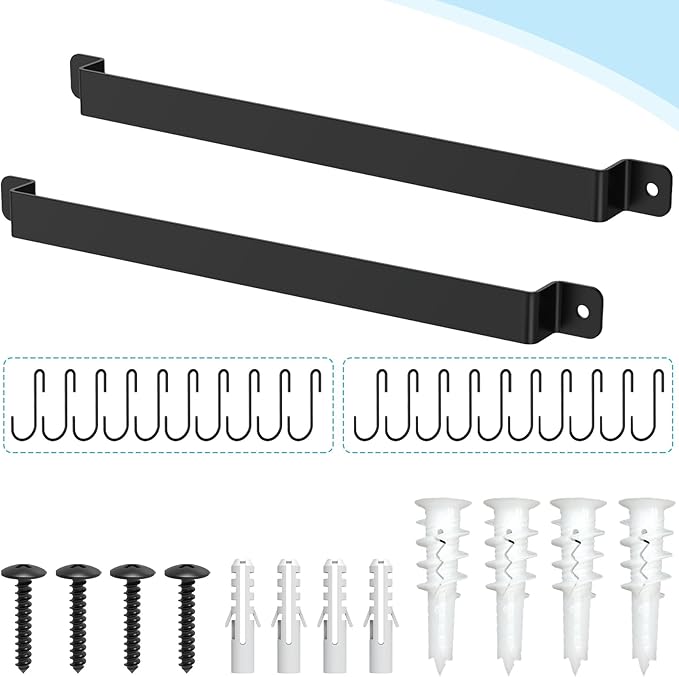 Kitchen Hanger Wall Mounted with 10 Hooks, Wrought Iron Kitchen Rail Utensil Holder Rack, Hanging Pots, Pans, Coffee Mug, Black, 17", 2 Pcs