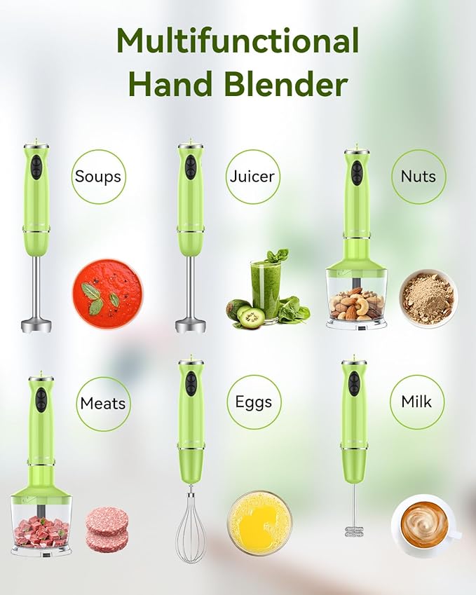 Immersion Blender Handheld 5 in 1 Hand Blender, 1000W Hand Mixer Stick, BPA-Free 12 Speed Handheld Blender with Mixing Beaker, Chopper, Whisk and Milk Frother for Soup, Smoothies, Sauce, Baby Food