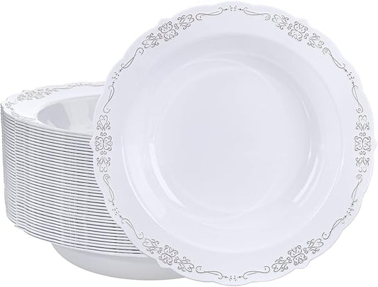 DaYammi 30 Pack Plastic Bowls with Silver Rim, 12oz Disposable Soup Bowls, Heavy Duty Dinner Bowls for Weddings, Parties, Dinners, Catering and Everyday Use