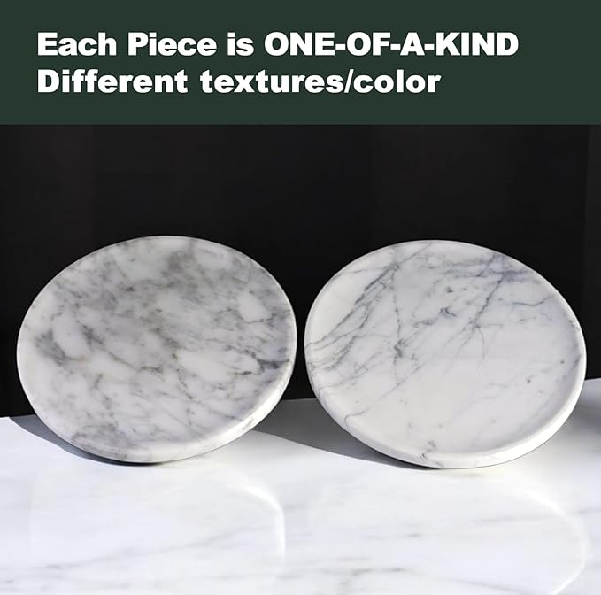 Natural Marble Decorative Tray for Bathroom Bedroom Kitchen Dresser, 11” Round Vanity Trays for Jewelry, Perfume, Cosmetic, Candle, Countertop Storage Organizer for Home Decor White, Arabescato