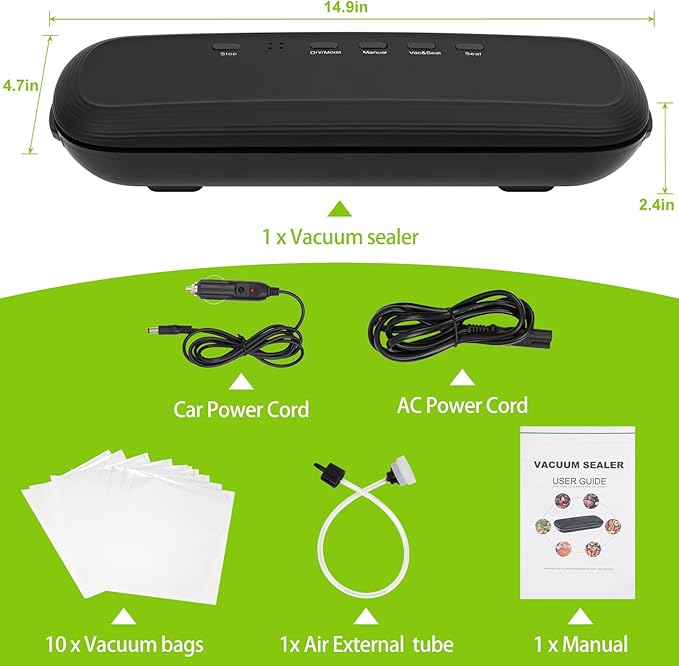 Vacuum Sealer Machine, Food Vacuum Sealer Machine with Build-in Cutter, Compact Design with External Vacuum System with 10 Seal Bags Kit, Dry Moist Fresh Modes (Black)