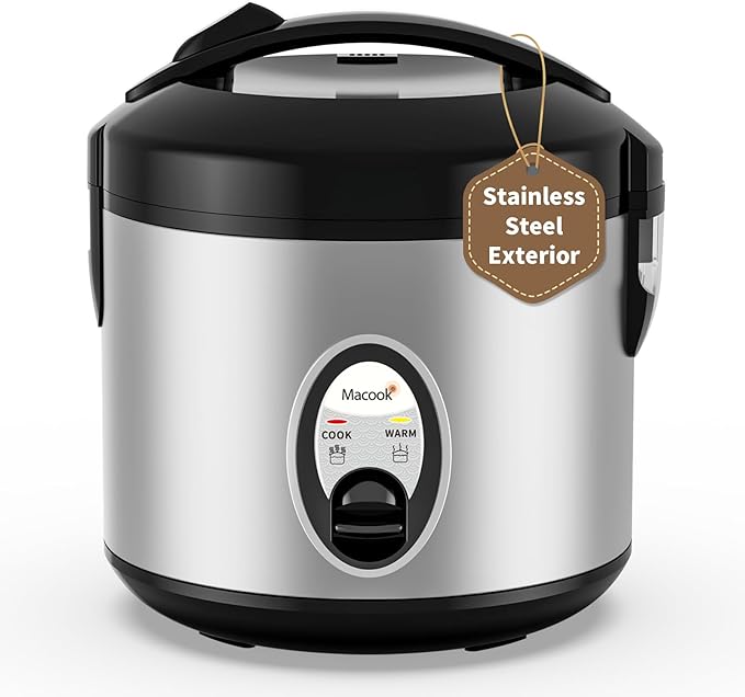 Macook Stainless Steel Rice Cooker with Steamer, 4-Cup Uncooked (1.0L)/8-Cup Cooked, Electric Grain & Vegetable Cooker, Auto Keep Warm for Oatmeal, Soups & Multicooking