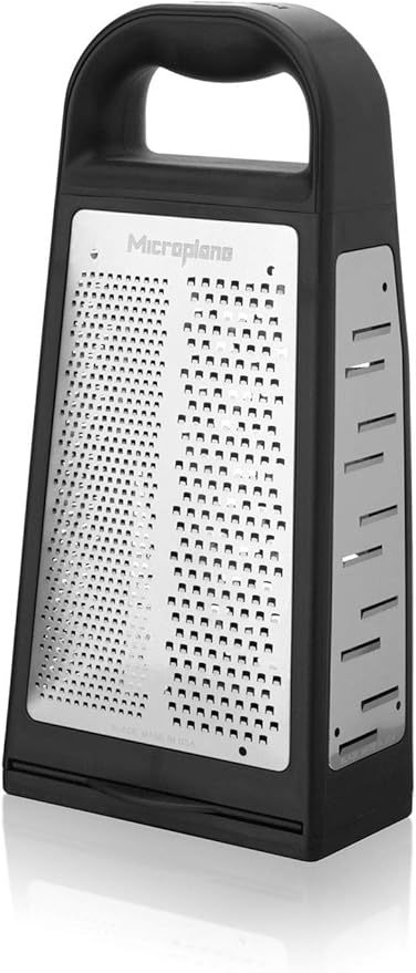 Microplane Elite Five Blade Box Grater with Measuring Cup Base, Five Grating Surfaces Including Fine, Coarse, Double-Sided Ribbon, Ultra-Coarse, and Slicer - Black