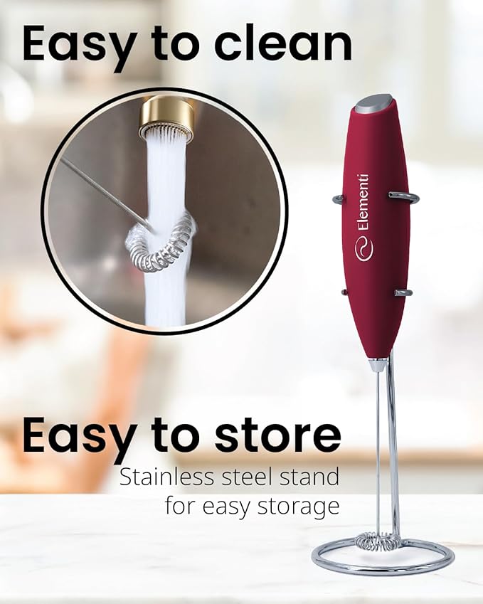 Elementi Milk Frother Wand & Drink Mixer with Stand - Turbo Milk & Coffee Frother Handheld - Hand Held Coffee Mixer Wand & Cold Foam Maker for Frothy Cappuccinos, Lattes & Drink Mixes (Burgundy)