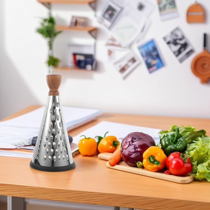 Cabilock 9 Inch Cone Cheese Grater with Wooden Handle Multi-Function Stainless Steel Vegetable Shredder for Kitchen Use Manual Cone Grater for Cheese and Chocolate