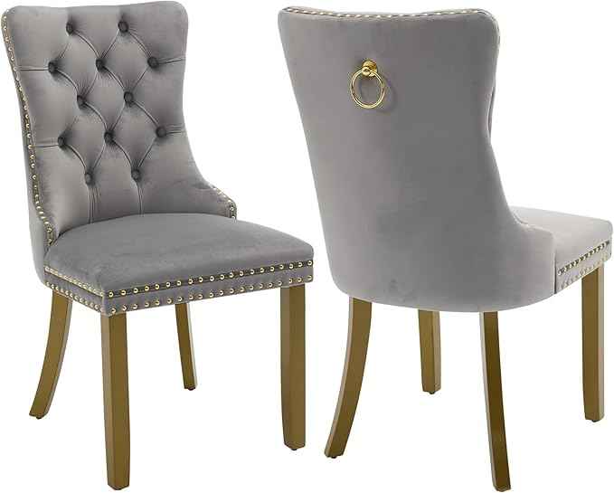 Velvet Dining Chairs Set of 2, Kitchen & Dining Room Chairs, Upholstered Dining Chairs with Back Ring Pull and Golden Solid Wood Legs, Modern Tufted Kitchen Chairs for Dining Room, Light Grey