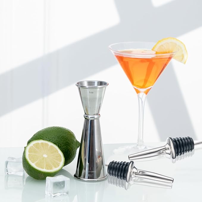Briout Jigger and 2 Pourers, Double Cocktail Jigger Japanese Premium 304 Stainless Steel Jigger 2 OZ and 1 OZ with Measurements Inside