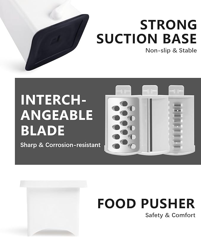 3-in-1 Rotary Cheese Grater Handheld, Lightweight Body with 3 Stainless Steel Blades & Non-Slip Suction Base, for Shredding Parmesan, Slicing Vegetables, Grating Chocolate（White）
