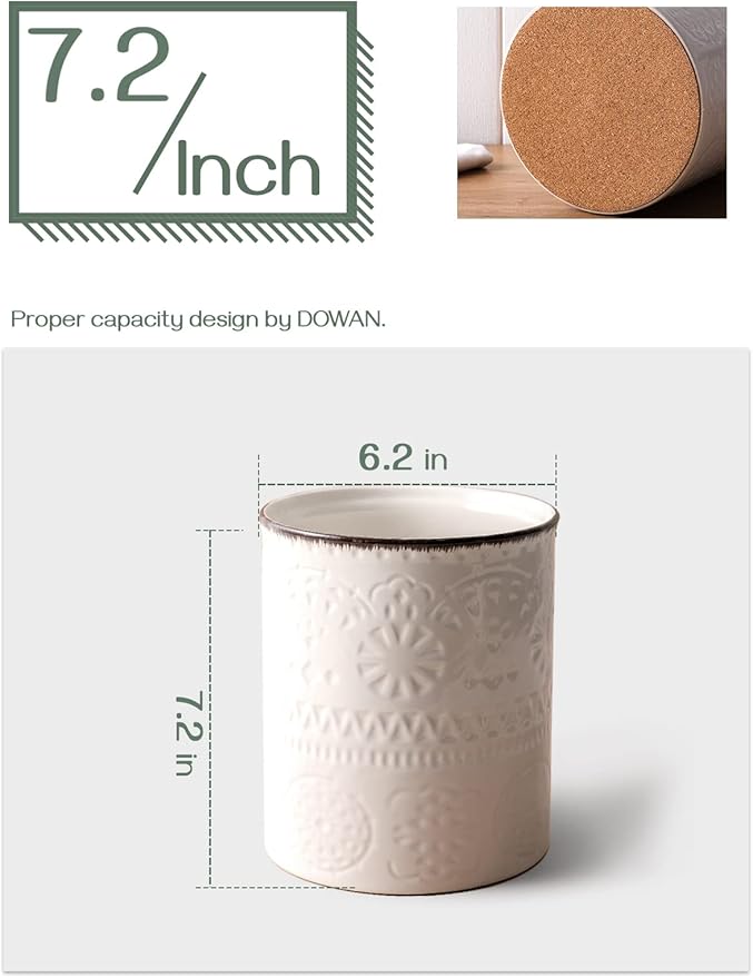 DOWAN 7.2" Kitchen Utensil Holder, Extra Large Farmhouse Utensil Holders for Countertop, Ceramic Utensil Crock, Anti Slip Cork Bottom