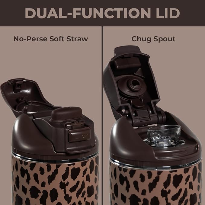 HydroJug Ease2o Water Bottle with Straw & Chug Lid, Stainless Steel, Vented Cap to Help Reduce Pressure, Water-Level Window, Cup Holder Friendly, Non-Slip Base – 40oz, Brown Leopard