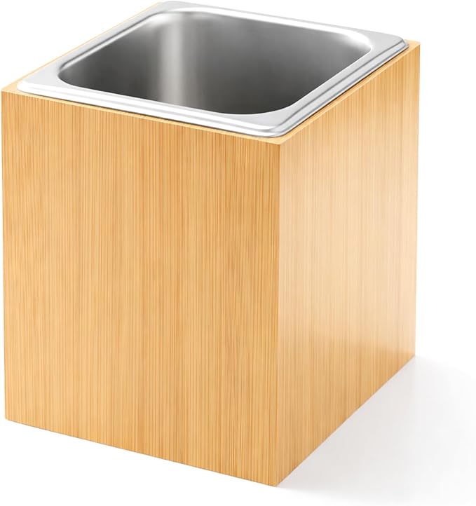 Ice Housing Bin with Removable Tray Ice Holder Container Wine Beer Champagne Drink Bucket Beverage Tub for Freezer Display Buffet Bar Counter Party Drink Chiller(Bamboo and Steel,7.9" X 7.7" X 7.23")