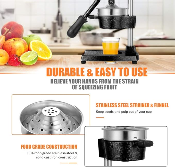 Commercial Heavy Duty Cast Iron Hand Press Manual Orange Citrus Lemon Lime Grapefruit Pomegranate Fruit Juice Squeezer Machine with Stainless Steel Cup Black
