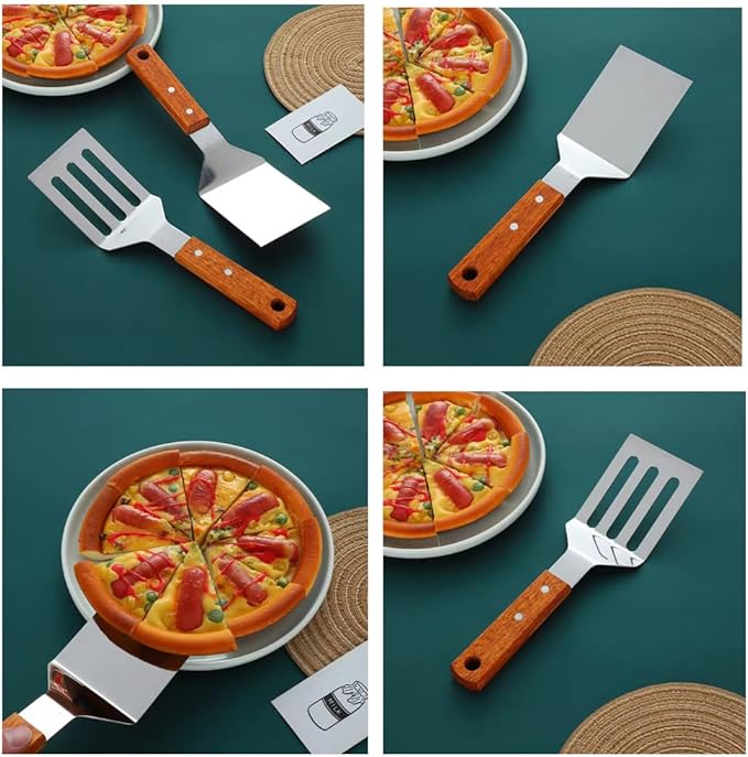 2 PCS Metal Spatula for Cast Iron Skillet, Stainless Steel Grill Spatula Slotted Turner Fish with Wood Handle Flat Top Griddle for Cooking BBQ