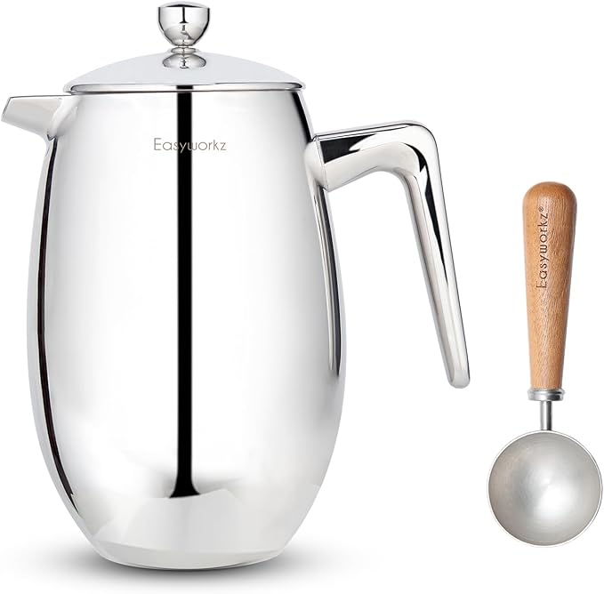 Easyworkz Nando French Press 34 oz Double Wall, Bundled with Retro Stainless Steel 10g Measuring Coffee Spoon, Silver