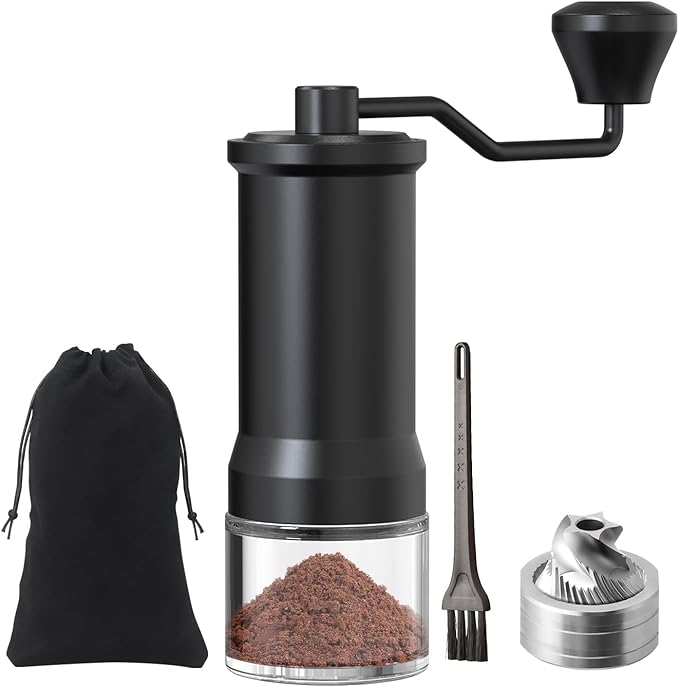 Stainless Steel Burr Hand Coffee Grinder by ELMWAY - Durable Manual Coffee Grinder with Glass Jar, Adjustable Grind Setting, Portable for Travel & Home, Gifts for Coffee Lovers - Black