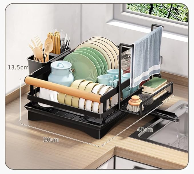 LMingKun Dish Drying Rack- Space-Saving Dish Rack, Dish Racks for Kitchen Counter, Stainless Steel Kitchen Drying Rack with a Cutlery Holder,12''W x 16''L, Black