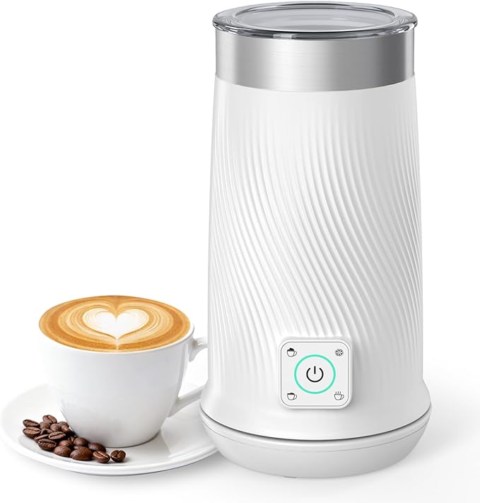 Wowteam Milk Frother, 4-in-1 Electric Milk Steamer, Warm and Cold Milk Warmer and Foam Maker for Coffee, Latte, Cappuccinos, Macchiato, 8.2oz/240ml, Stainless Steel, White