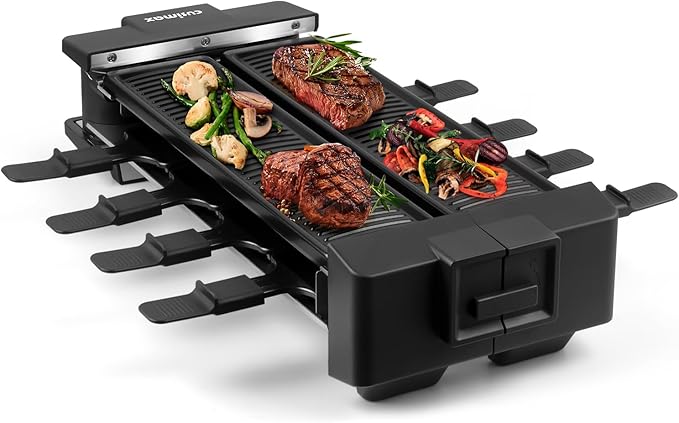 CUSIMAX Raclette Grill Raclette Table Grill Rotatable Korean BBQ Grill, 1400W Indoor Grill with 2 Non-stick Grill Plates, 8 Cheese Trays and Wooden Spatulas, Tabletop Electric Grill for 8 People