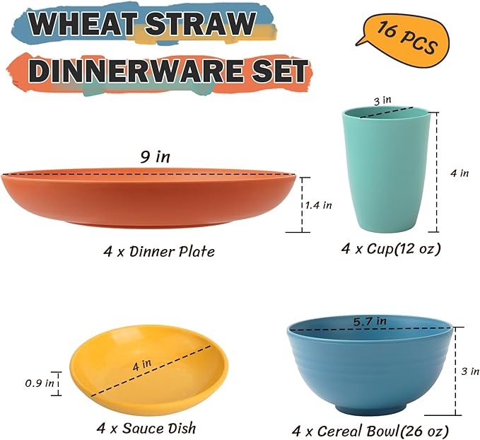 Wheat Straw Dinnerware Sets, Unbreakable Plates and Bowls Sets of 16, Kids Dinnerware Set Sevice for 4, Dishwasher & Microwave Safe Dish Set for Kitchen, Outdoor, Camping - Multi