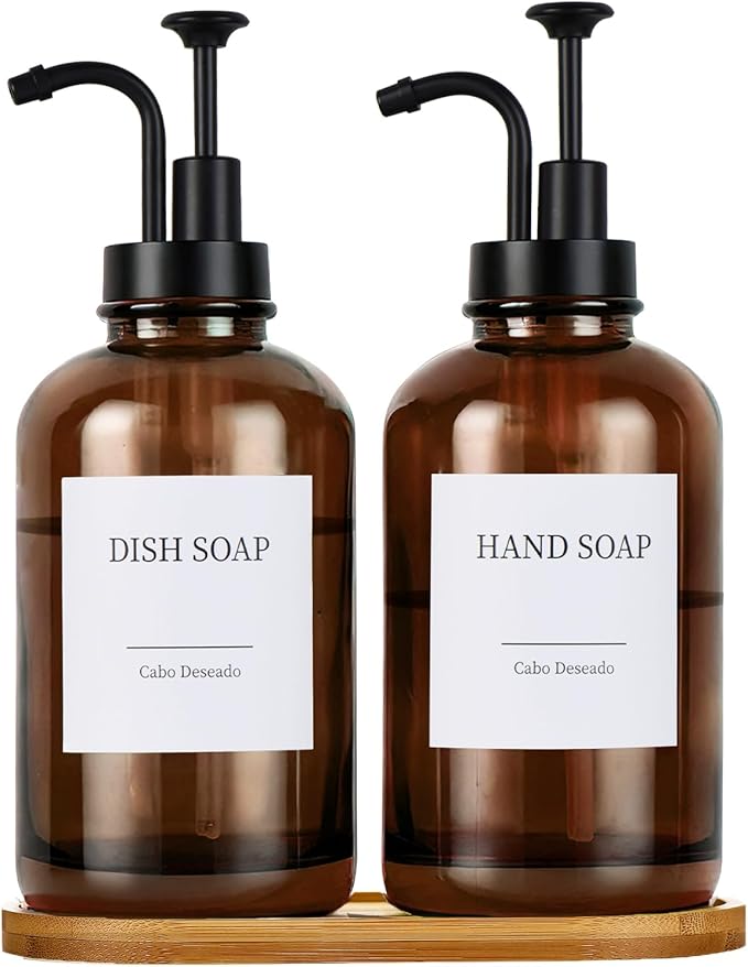 Glass Soap Dispenser with Pump, Dish and Hand Soap Dispenser for Kitchen Bathroom Set, Clear Glass Dispenser Set of 2 Pack with 18 Stickers Funnel Bamboo Tray 500ml 18oz Amber
