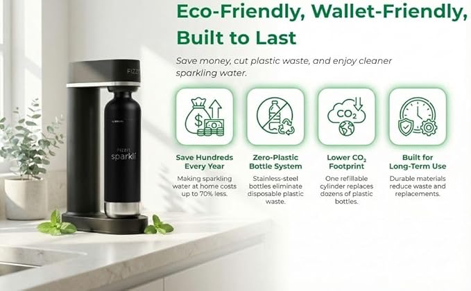 Fizzit Sparkli Carbonated Soda Maker with 1L Stainless Steel Bottle | Customizable Carbonation | Soda Streaming Fizzy Water Machine | Luxury Bubbles, Dishwasher Safe & Eco-Friendly Reusable Bottle