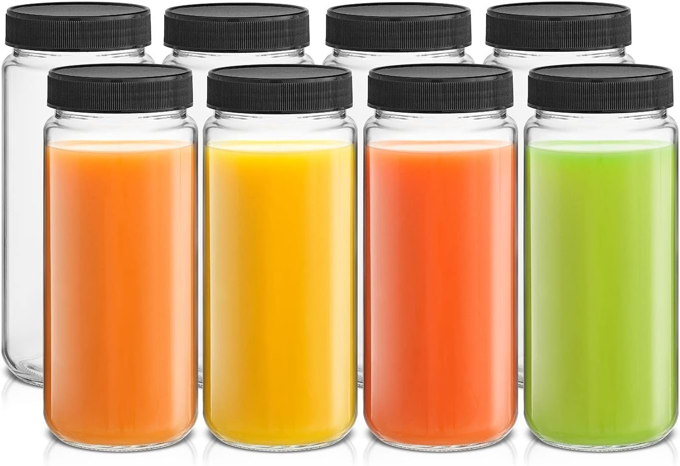 JoyJolt Glass Juice Bottles, 16 oz Glass Bottles with Caps. Set of 8 Juice Containers with Lids for Fridge, and Labels for Juice Jars. Glasses for Juice, Cold Brew Bottles, Smoothie Jars